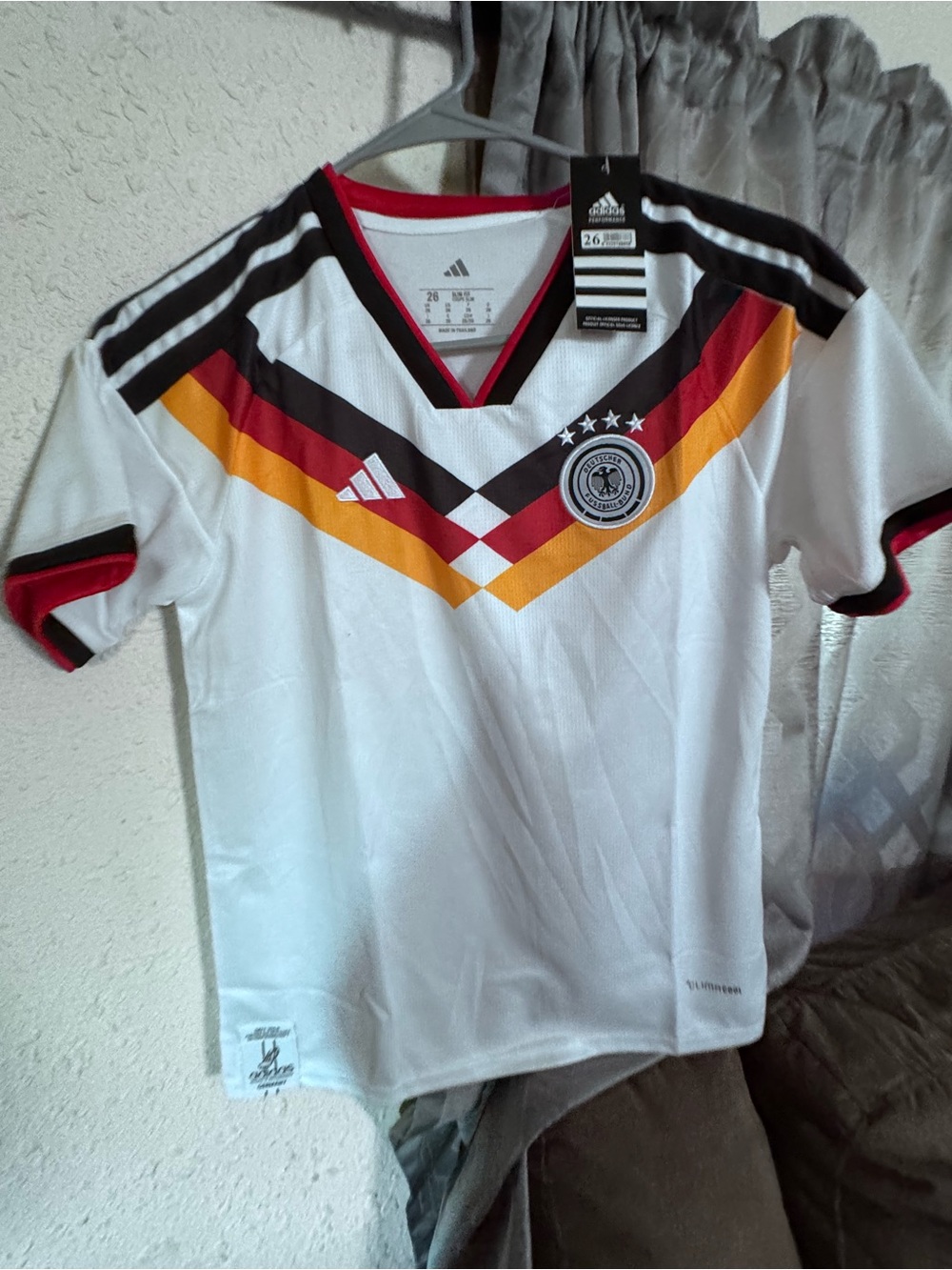 adidas White Kids Germany Soccer Jersey with Black, Red & Gold V Chevrons